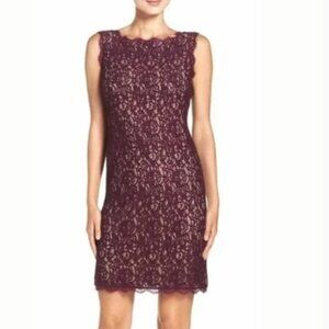 Adrianna Papell Dress Size 6 Scalloped Lace Sheath Mulberry/Nude Flirty Feminine